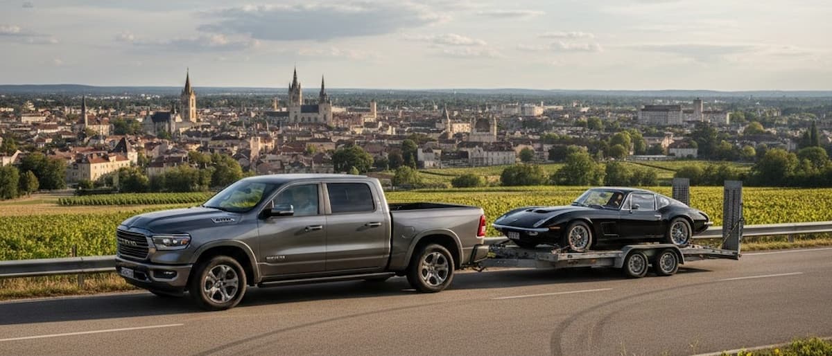 Transport de voitures de prestige Stellriders à travers les vignobles de Bourgogne vers Dijon.
