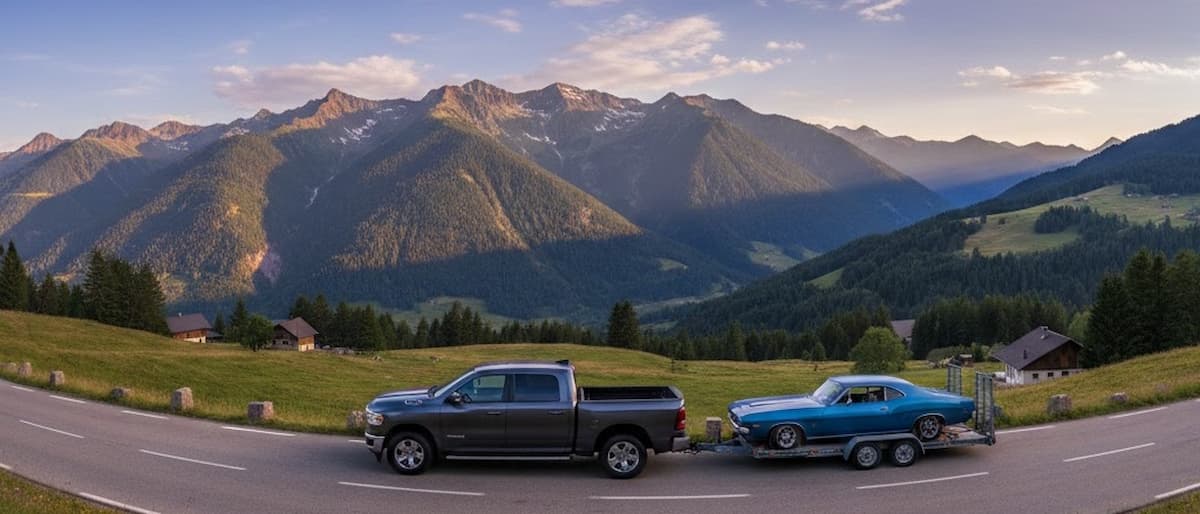 Transport de voiture par Stellriders dans les Alpes près de Gap : pick-up RAM et voiture de collection sur remorque.